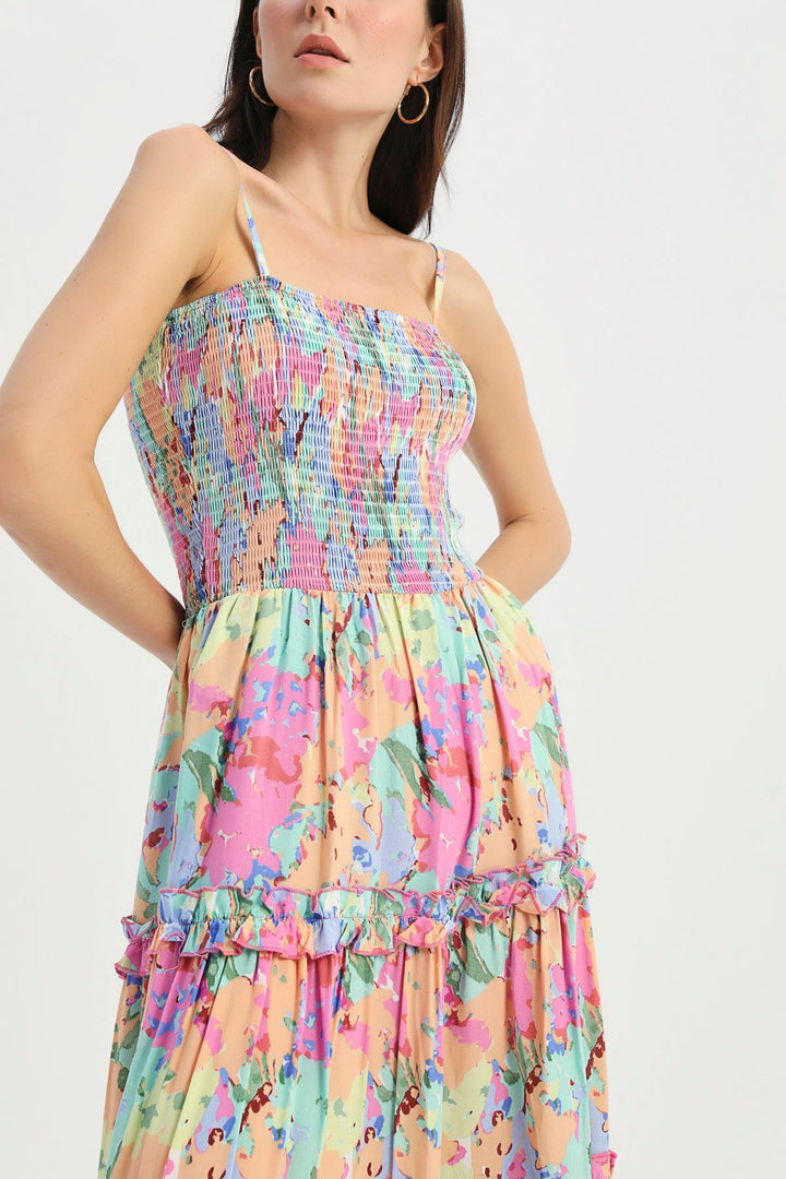 Desenli Fırfır Detaylı Askılı Elbise Açık Mavi