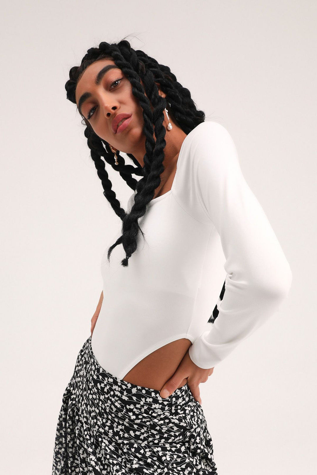 Square Neck Long Sleeve Bodysuit Ecru