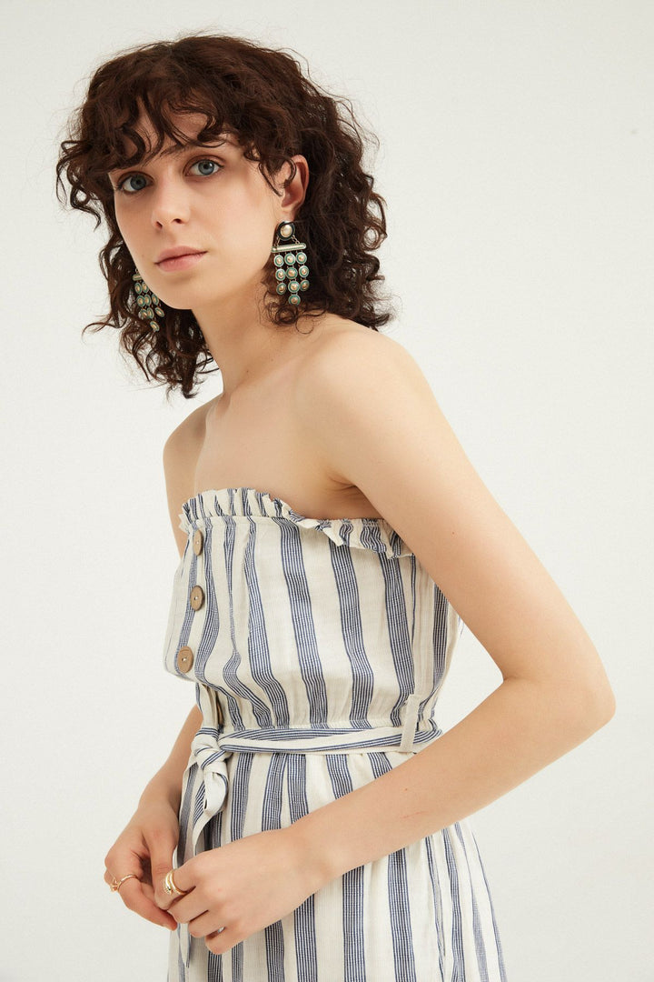 Buttoned Striped Linen Shorts Jumpsuit Indigo