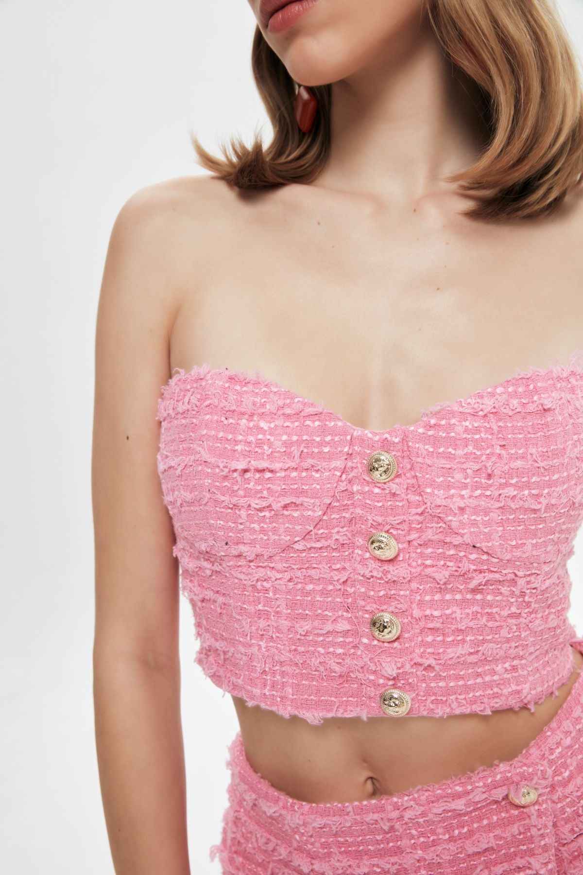 Button Detailed Tweed Bustier Blouse Pink