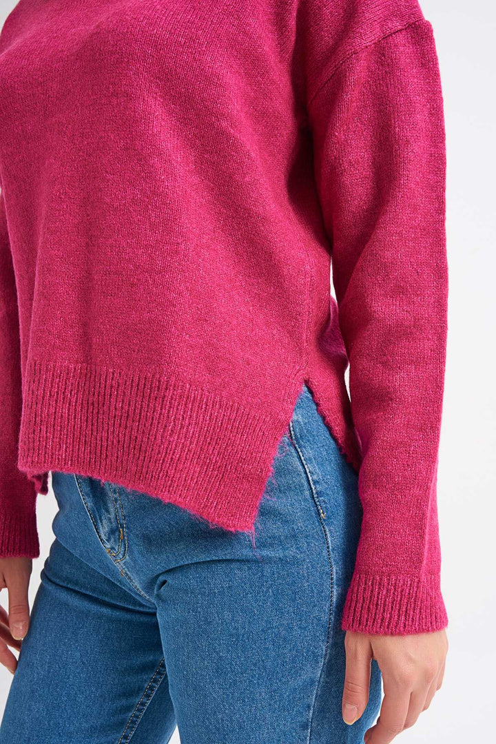 Yanları Yırtmaçlı V Yaka Kazak Fuşya