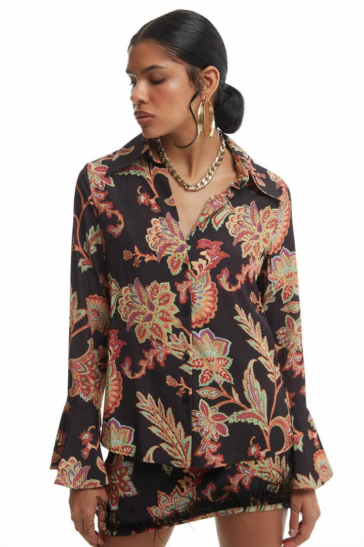 Ruffled Sleeves Patterned Shirt Black