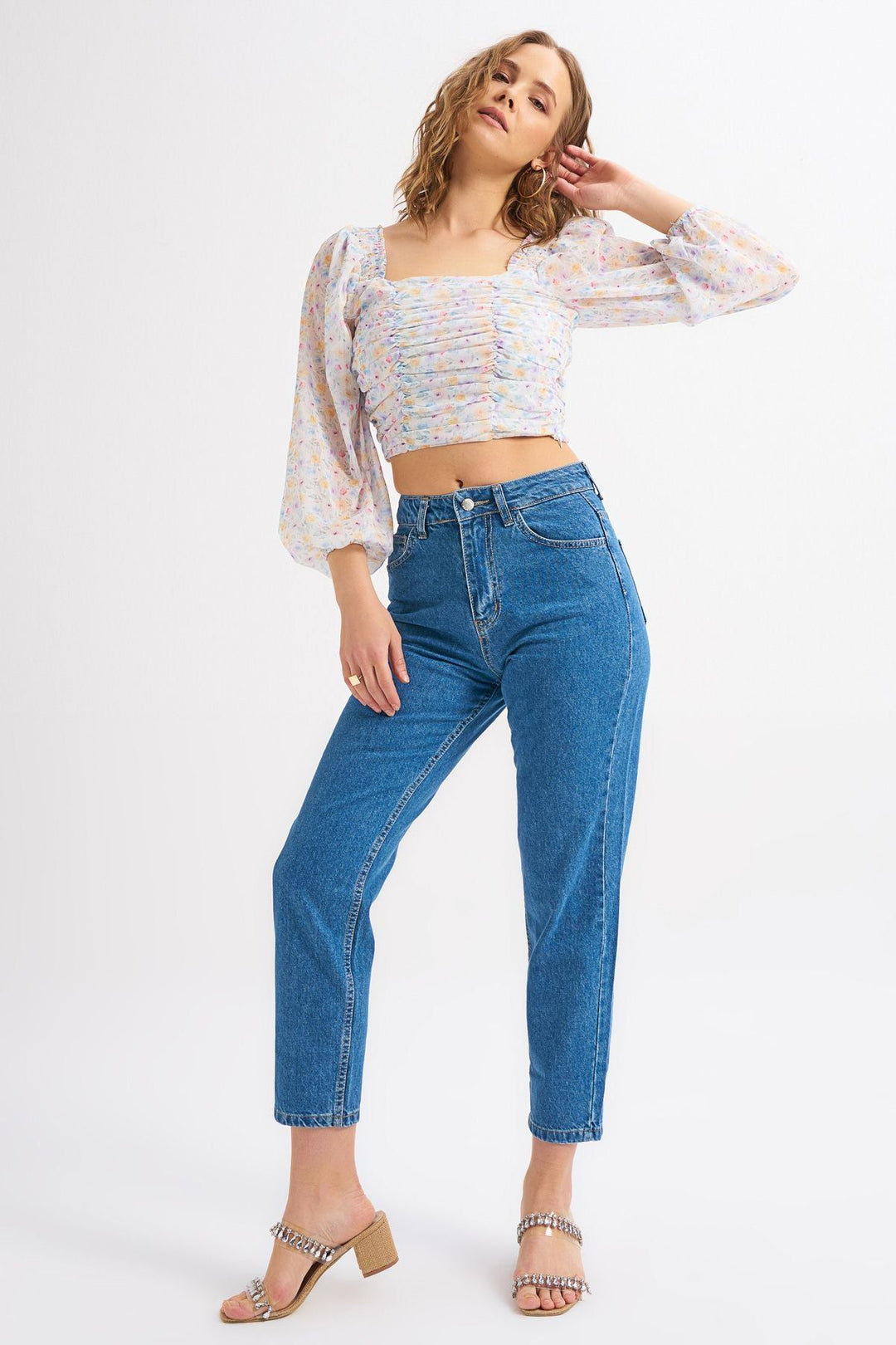 Floral Patterned Crop Blouse Ecru