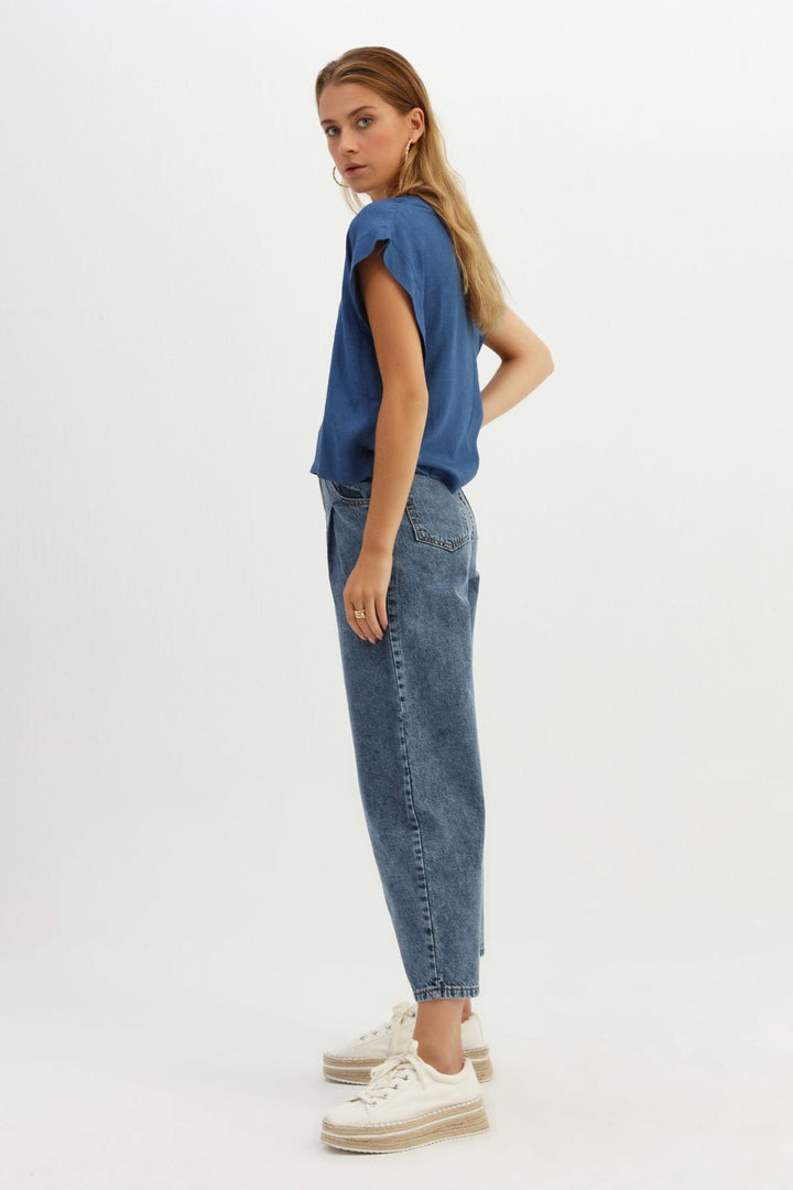 V Yaka Keten Bluz İndigo