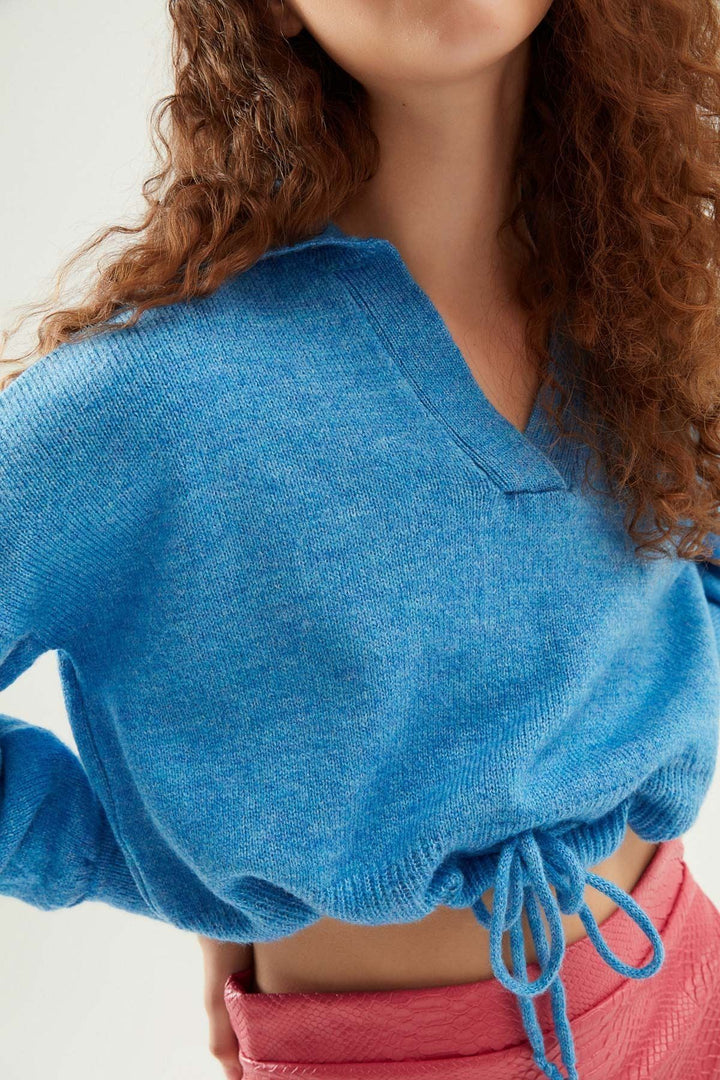Polo Neck Waist Pleated Knitwear Blue