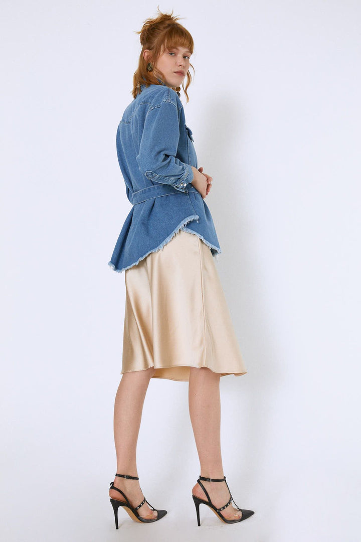 Belted Long Denim Jacket Blue