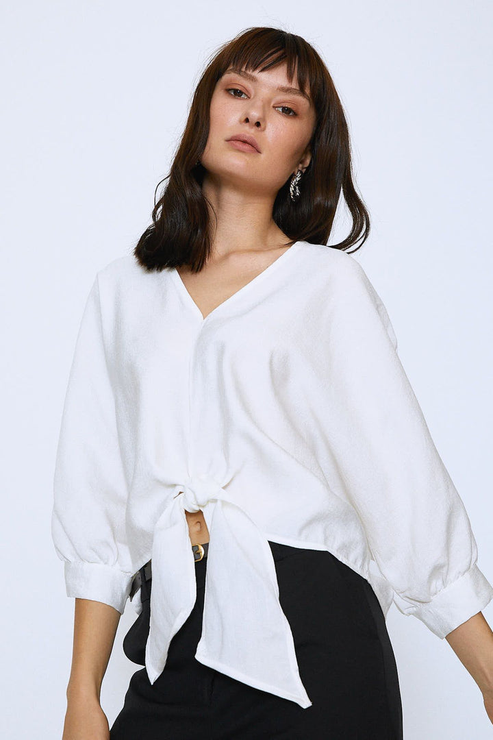 V Neck Bottom Tie Oversize Blouse Ecru