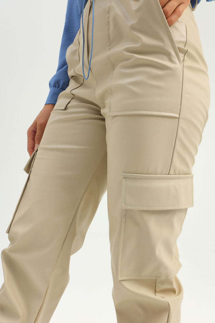 Cargo Pocket Leather Jogger Trousers Stone