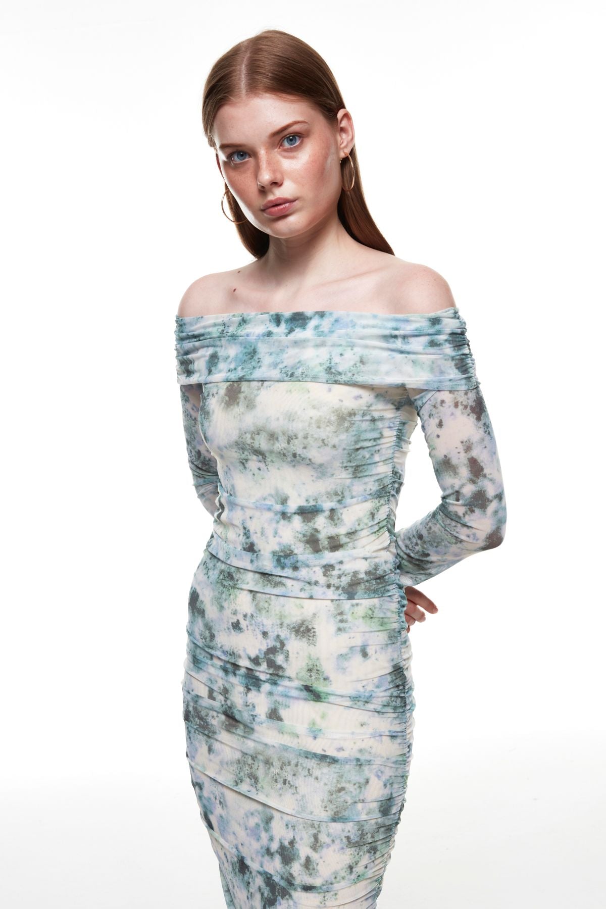 Patterned Ruffle Detailed Midi Dress Khaki