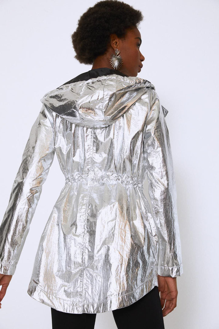 Hooded Shiny Raincoat Silver