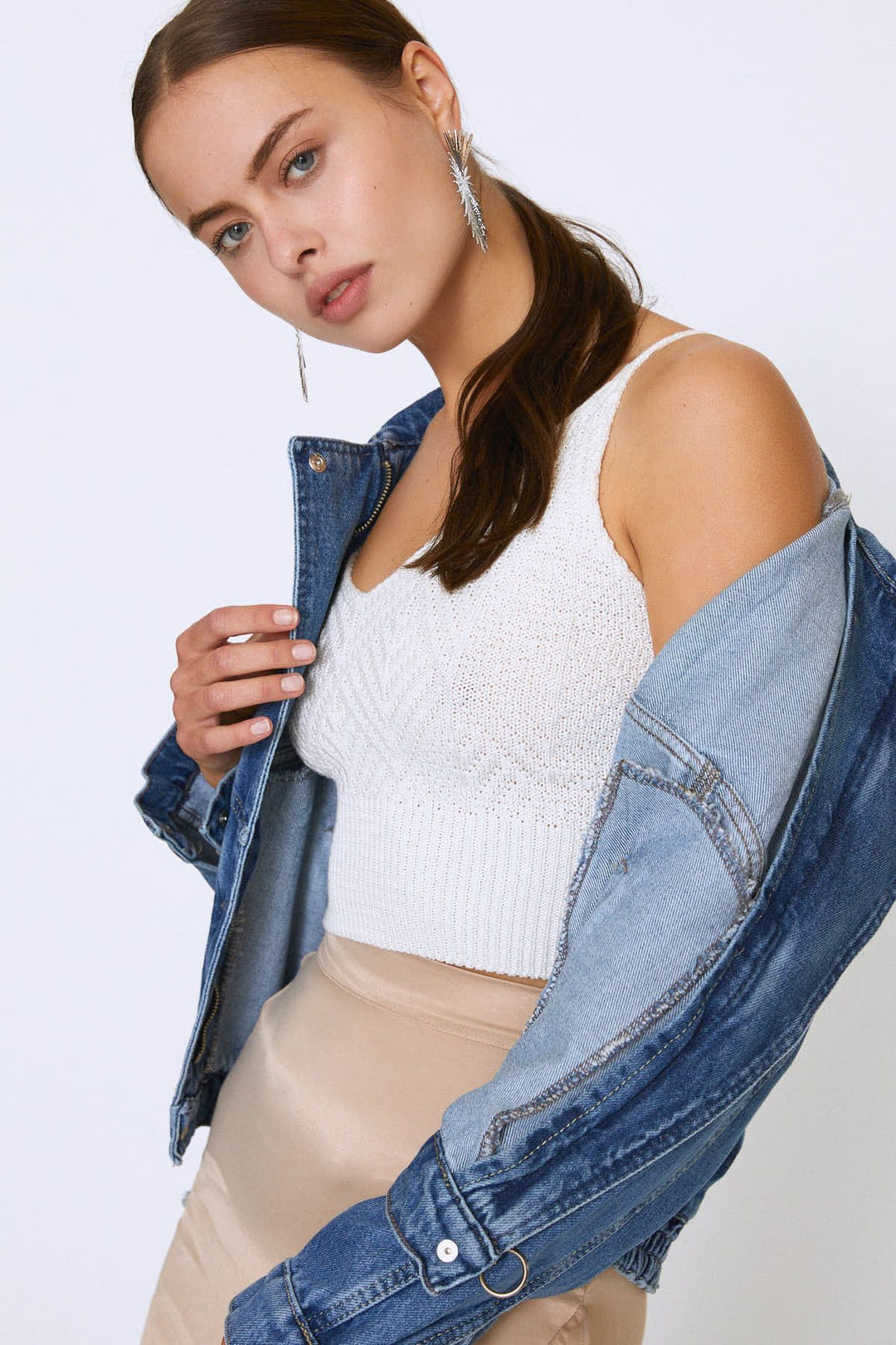 Belt Detailed Zippered Denim Jacket Blue