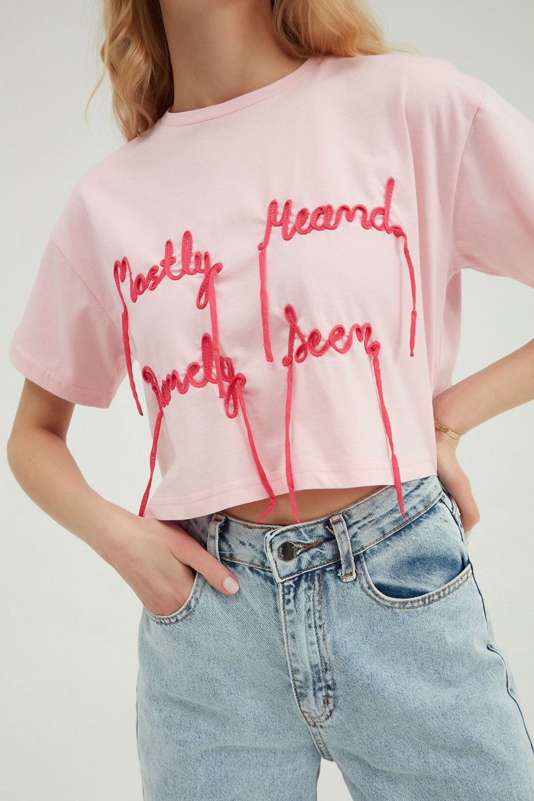 Embroidery Detailed Crop T-Shirt Pink
