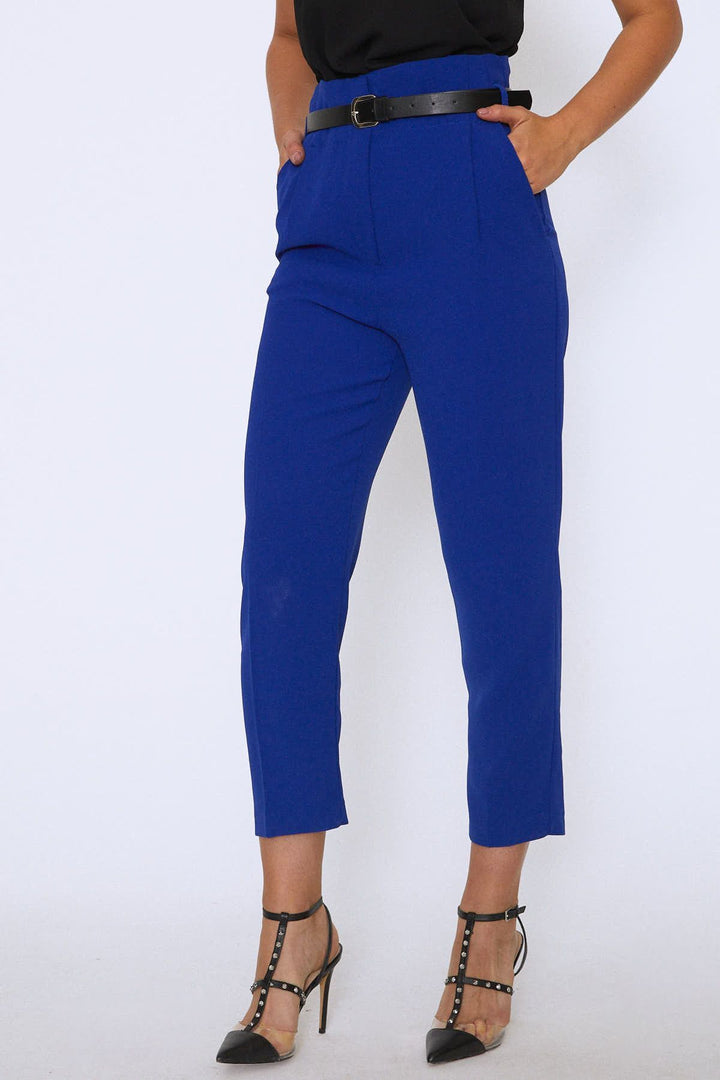 Waist Pleated Belt High Waist Trousers Sax