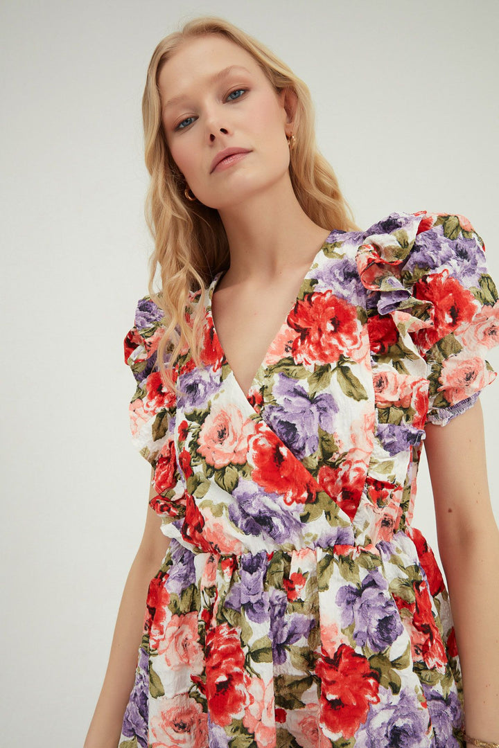 Desenli Fırfırlı Balon Kol Elbise Ekru