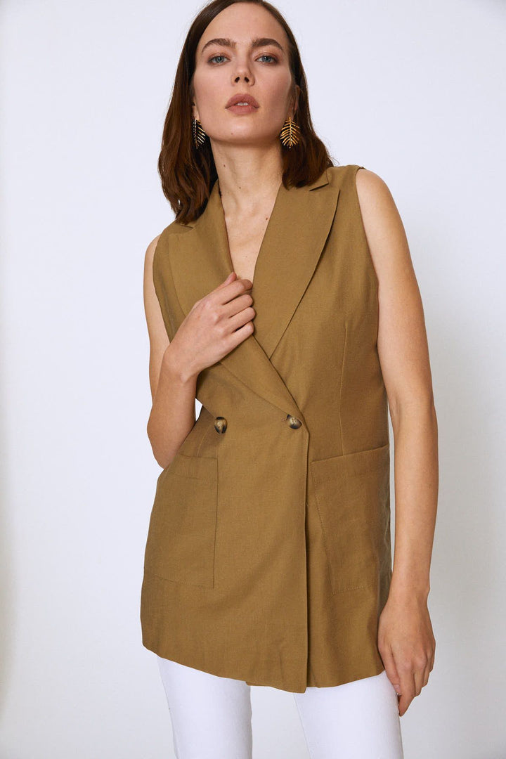 Double Breasted Pocket Sleeveless Jacket Khaki