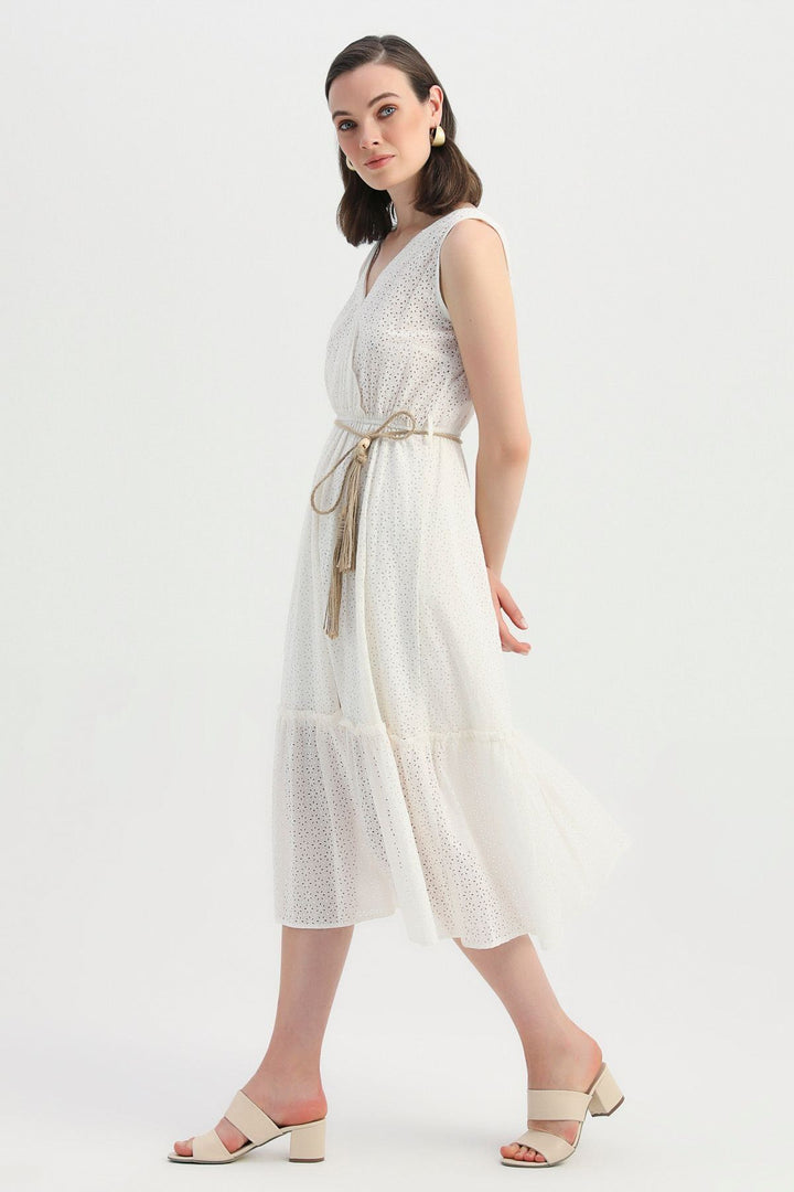 Straw Rope Belt Guipure Double Breasted Dress Ecru