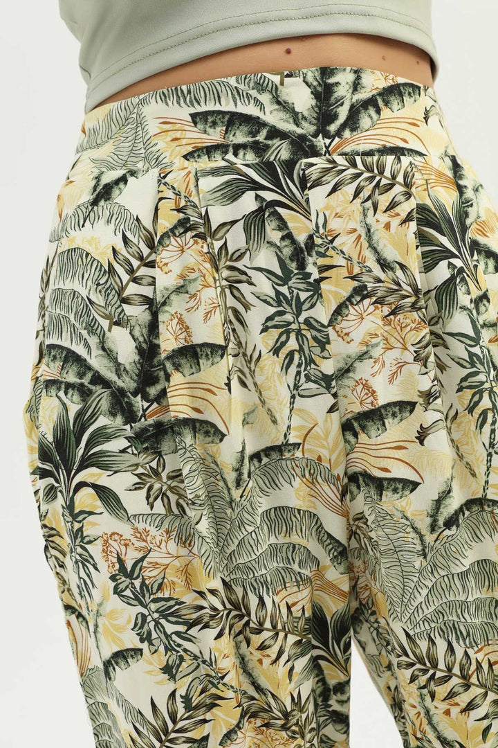 Desenli Geniş Paça Pantolon Yeşil