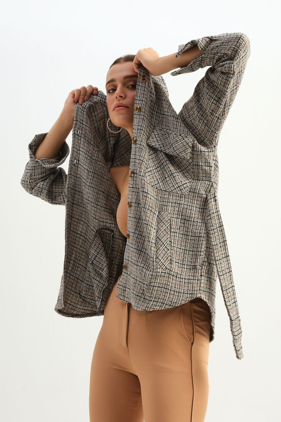 Beli Bağlamalı Tüvit Gömlek Bej