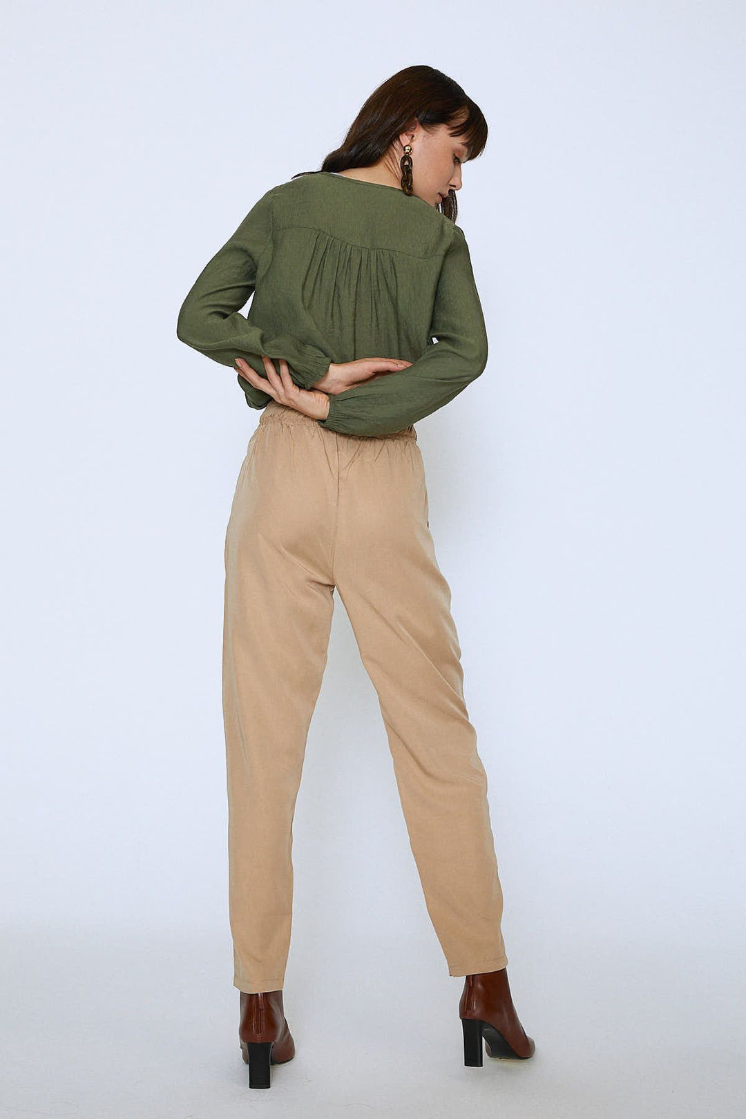 Elastic Waist Belted Casual Trousers Camel