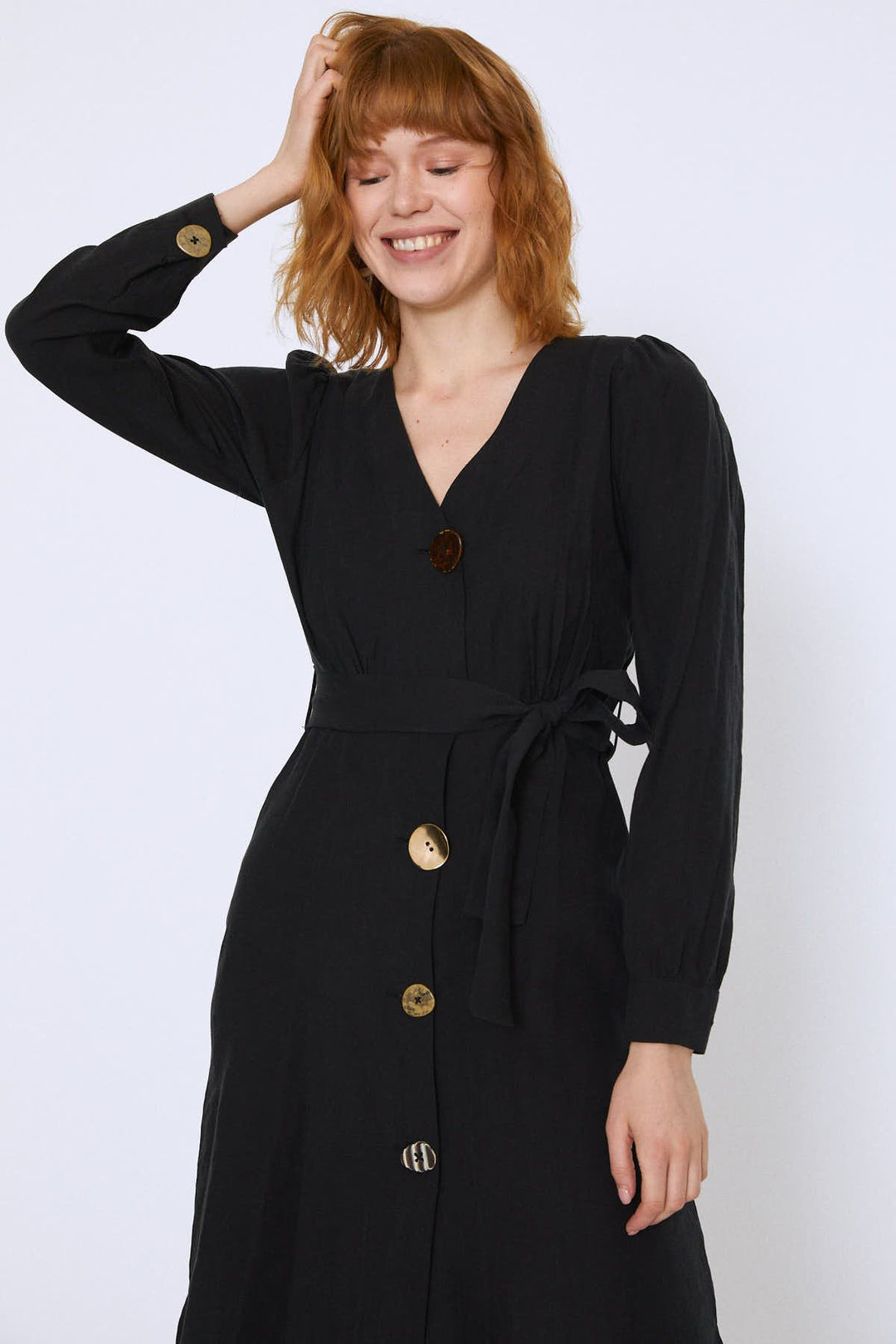 Button Front Belted Dress Black