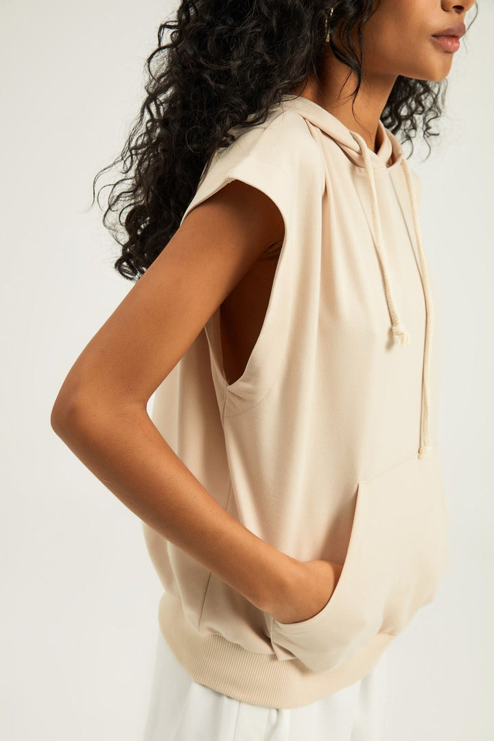 Hooded Kangaroo Pocket Sweatshirt Beige