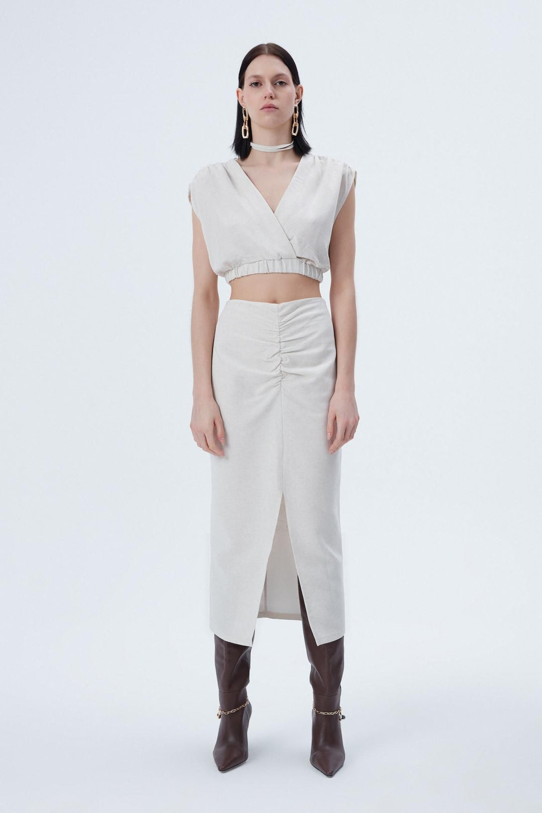 Pleated Shoulder Crop Blouse Natural