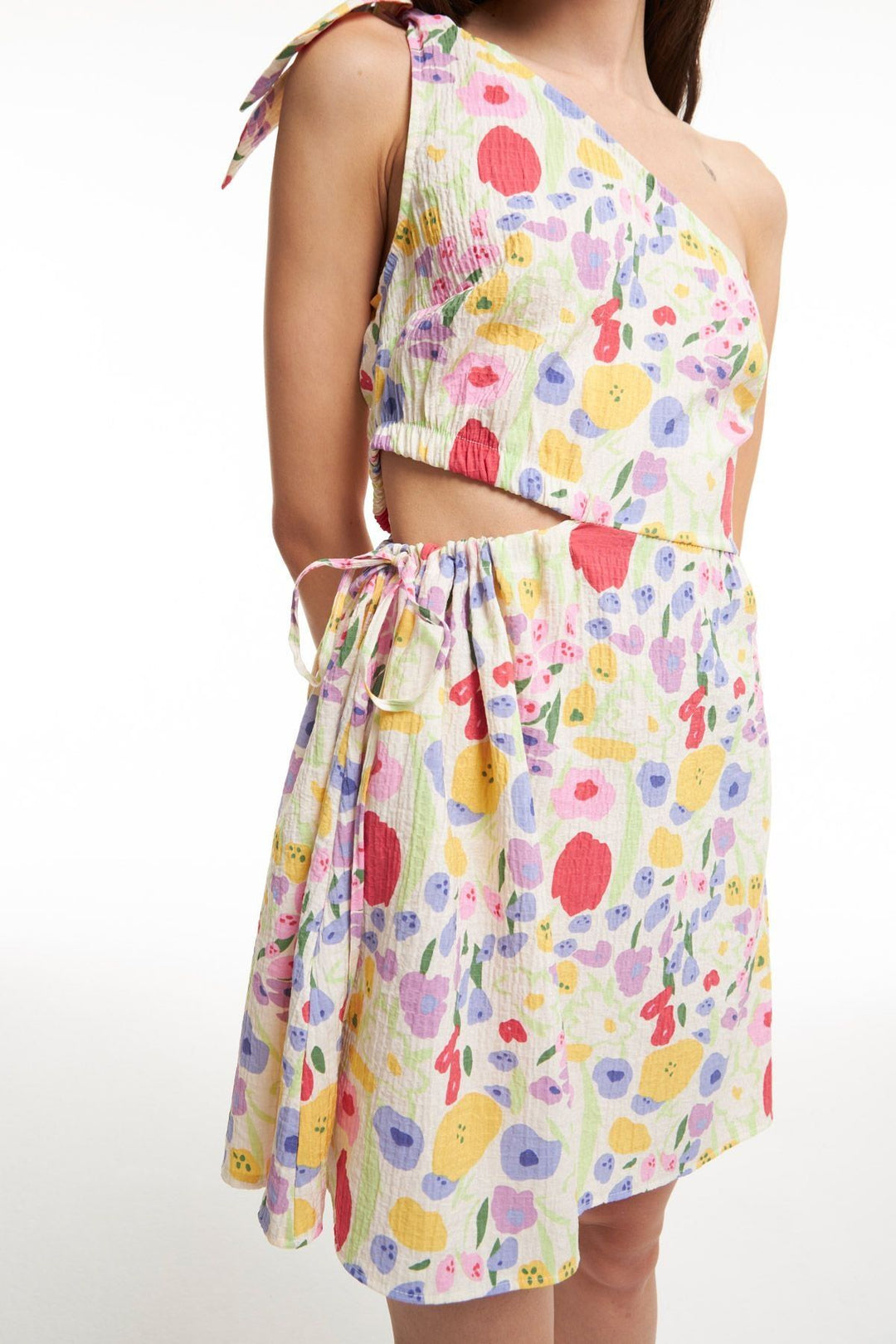 Side Pleated Single Sleeve Dress Ecru