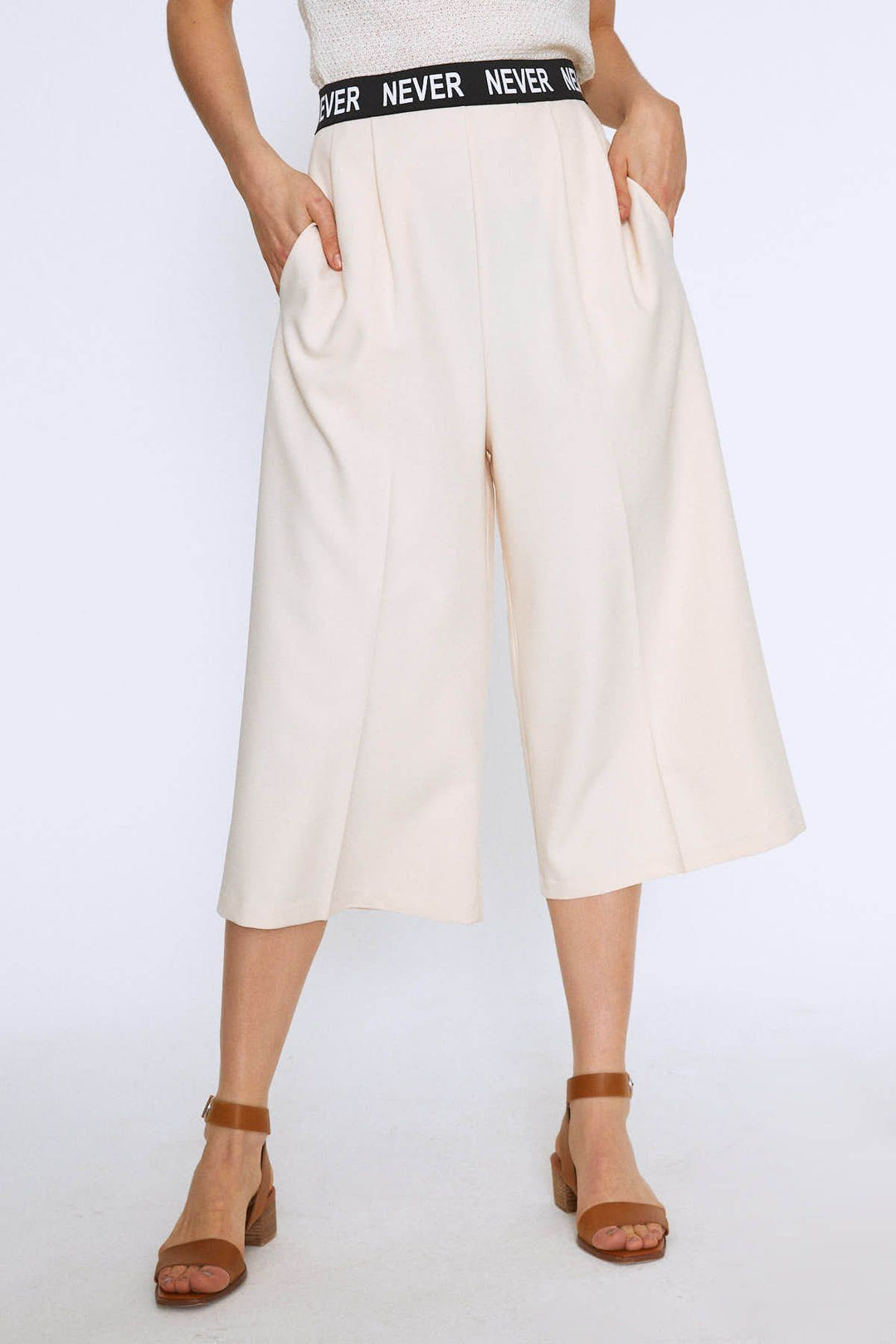 Ribbed Waist Wide Leg Trousers Ecru