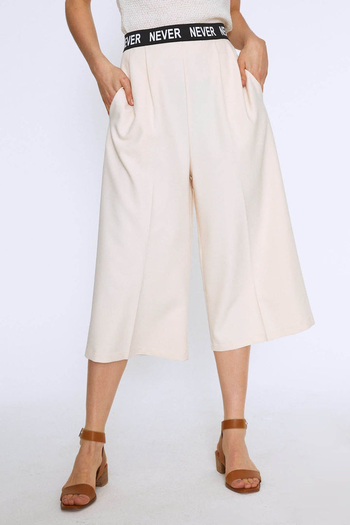Ribbed Waist Wide Leg Trousers Ecru