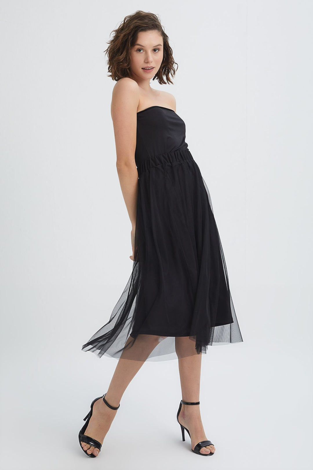 Pleated Tulle Detailed Midi Skirt Black