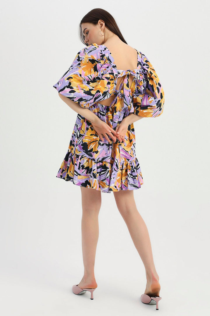 Patterned Backless Balloon Sleeve Dress Purple