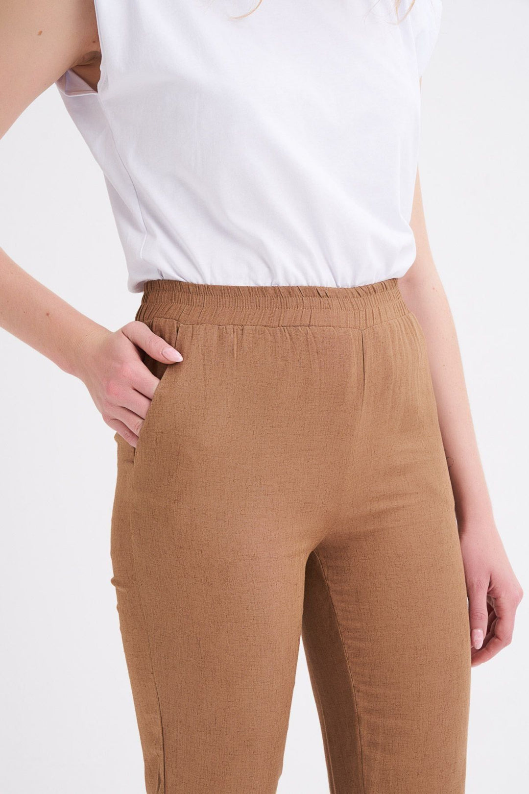 Beli Lastikli Keten Pantolon Kahverengi