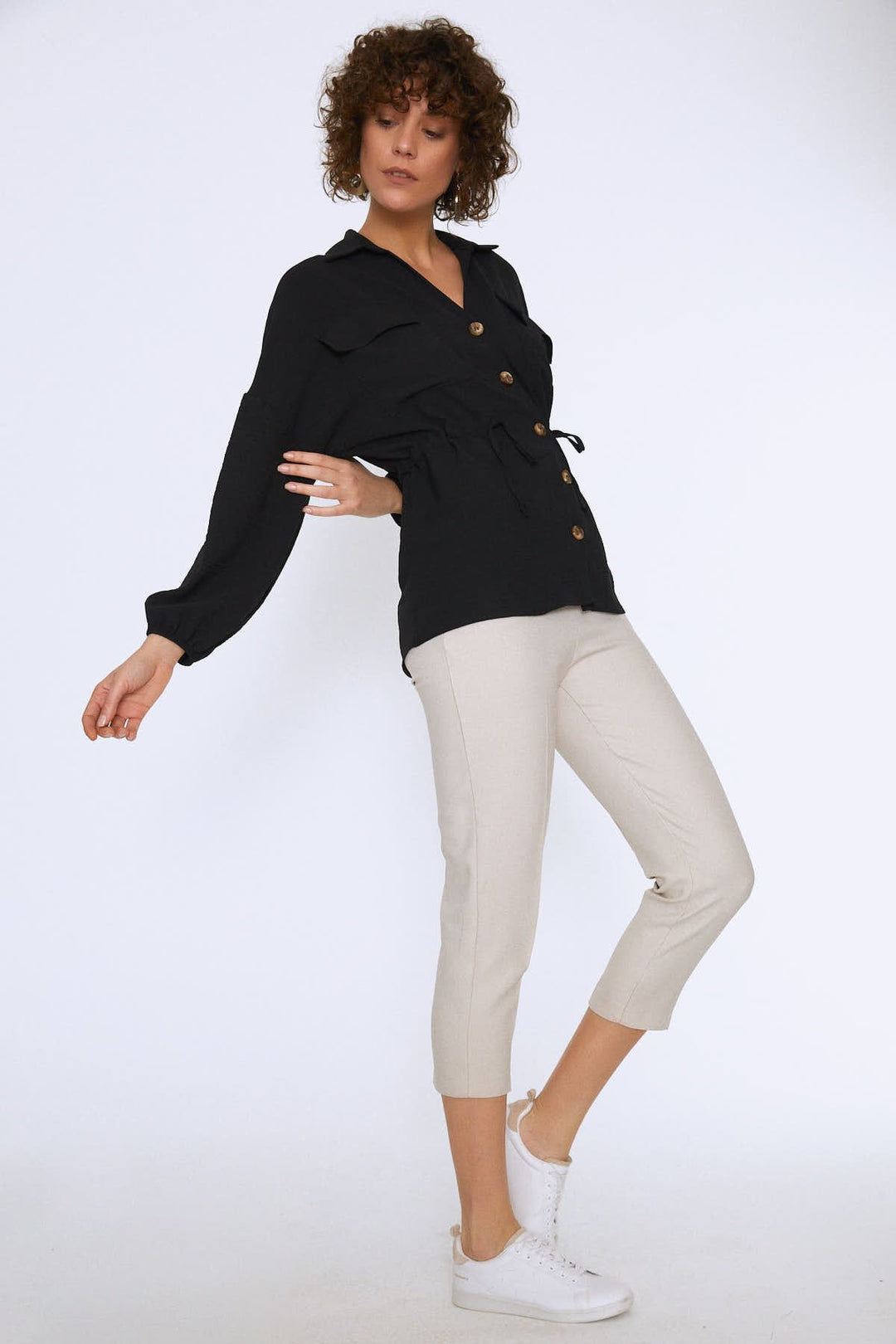 Tie Waist Pocket Shirt Black