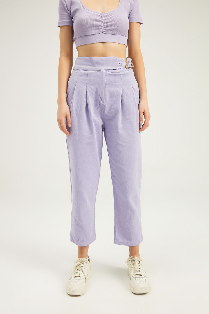 Tokalı Gabardin Yüksek Bel Pantolon Lila