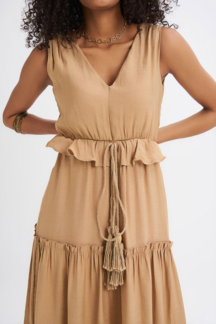 V Neck Straw Belt Detailed Dress Camel
