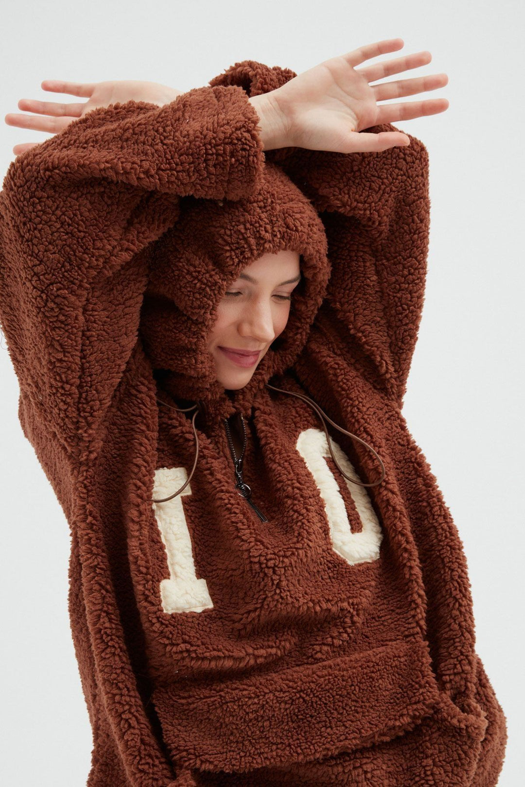 Kanguru Cepli Peluş Sweatshirt Kahverengi