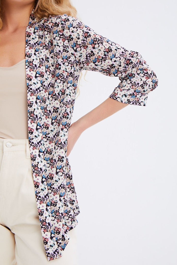 Çiçek Desenli Uzun Şal Yaka Ceket Siyah