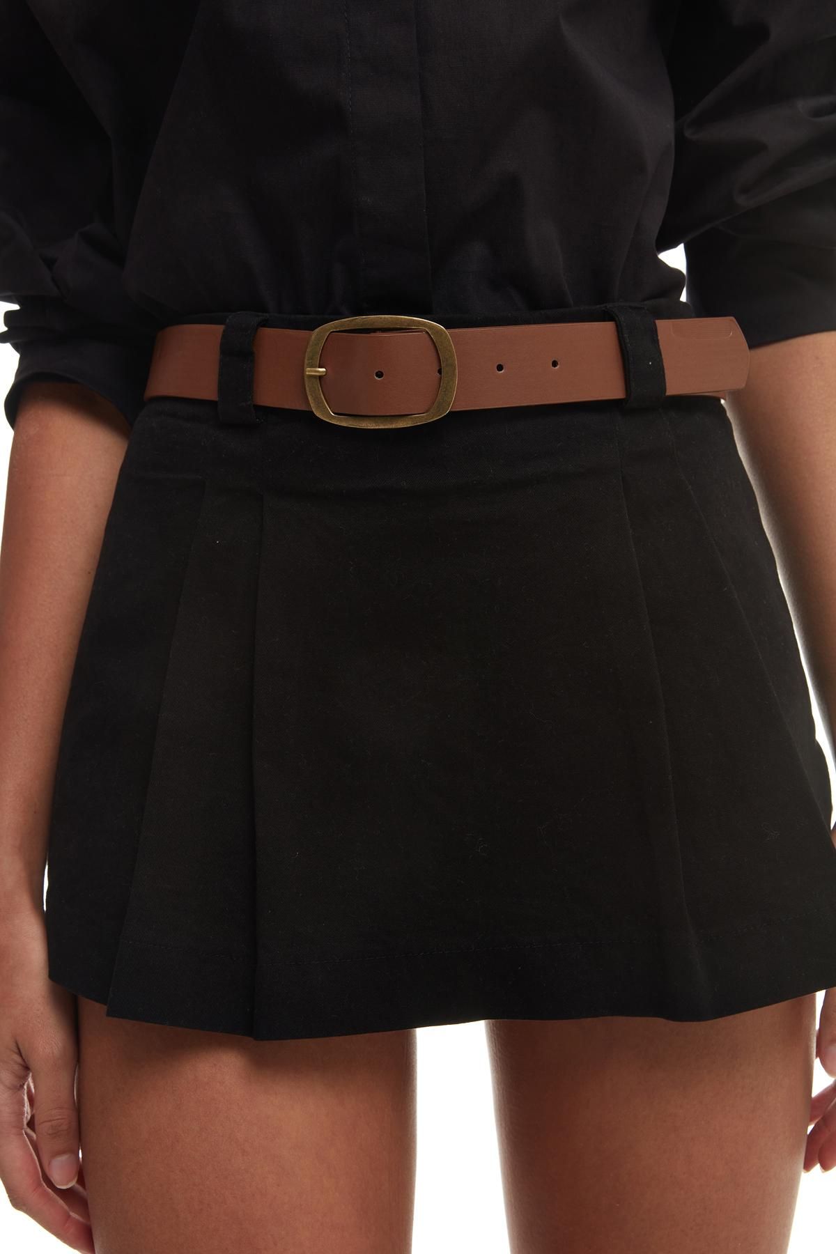 Belt Detailed Mini Short Skirt Black