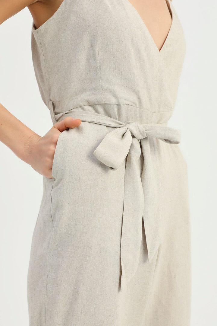 Askılı Beli Kuşaklı Keten Tulum Naturel