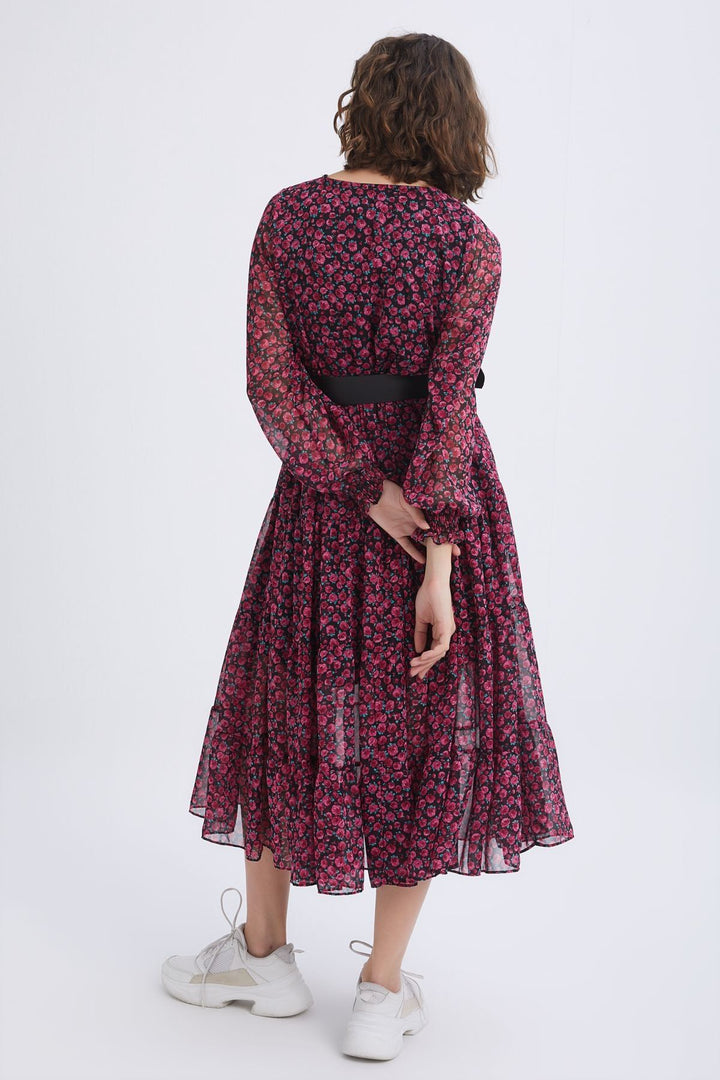 Floral Patterned Belted Dress Fuchsia