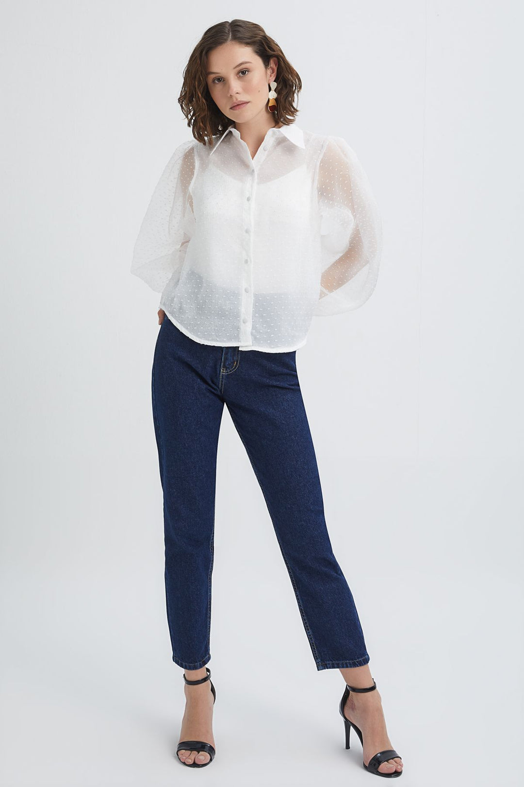 Embossed Sleeves Pleated Tulle Shirt Ecru