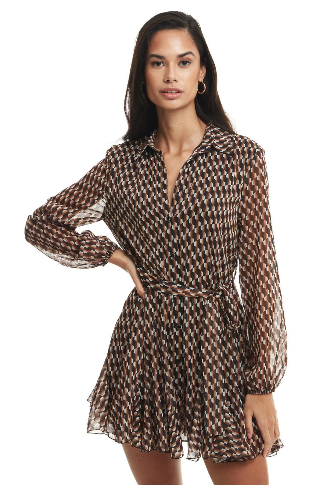 Patterned Button Detailed Mini Dress Brown