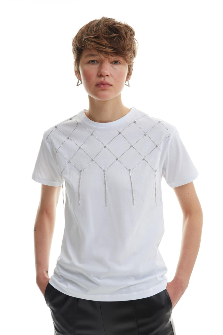 Stone Detailed Crew Neck T-Shirt White