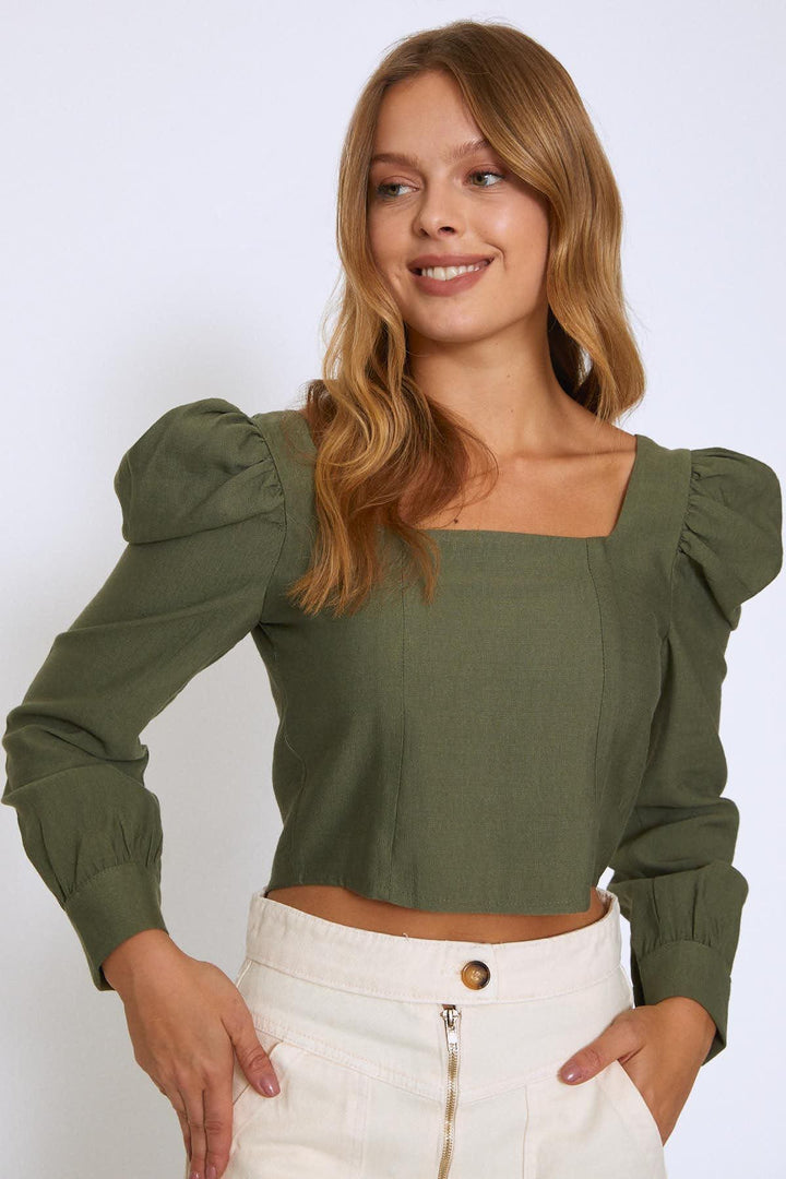Watermelon Sleeve Square Collar Blouse Khaki