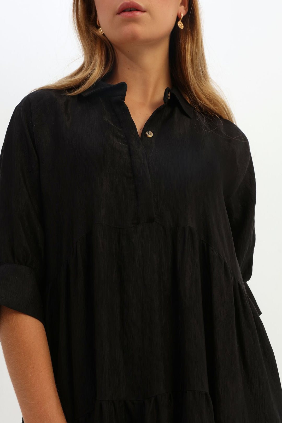 Shirt Collar Raglan Sleeve Dress Black