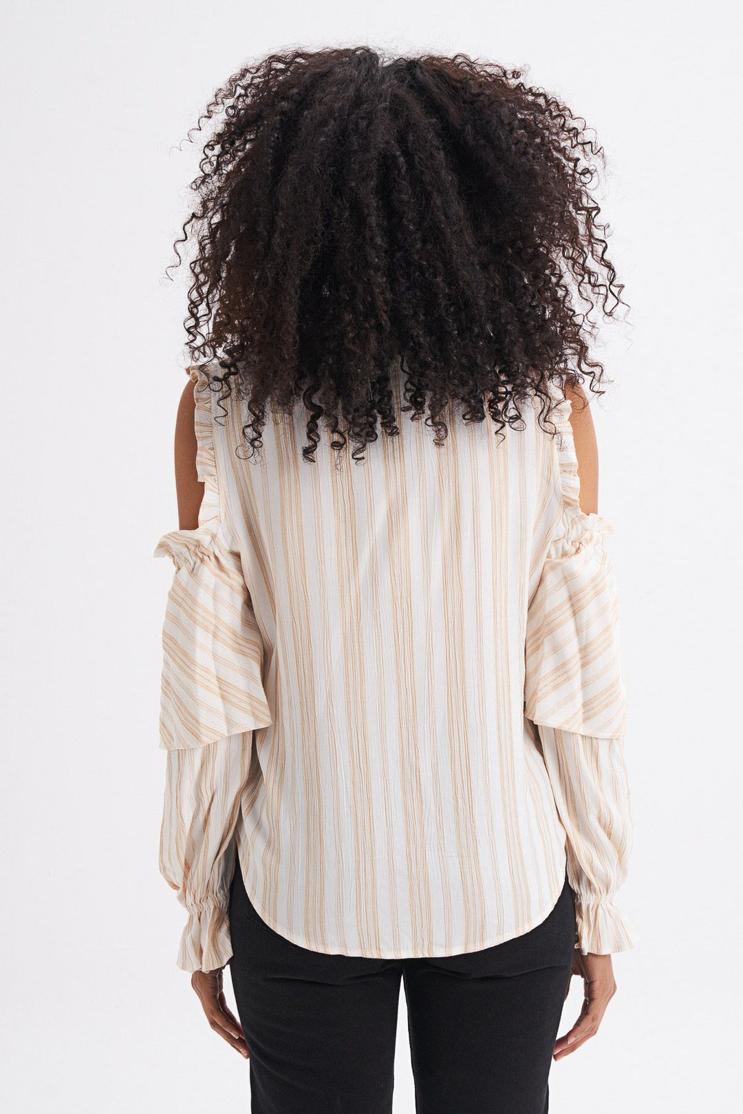 Embroidery Detailed Striped Off Shoulder Shirt Beige