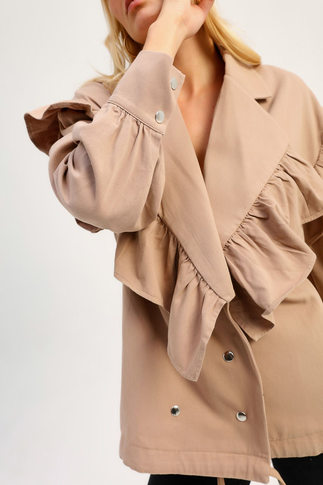Double Breasted Frilly Jacket Camel