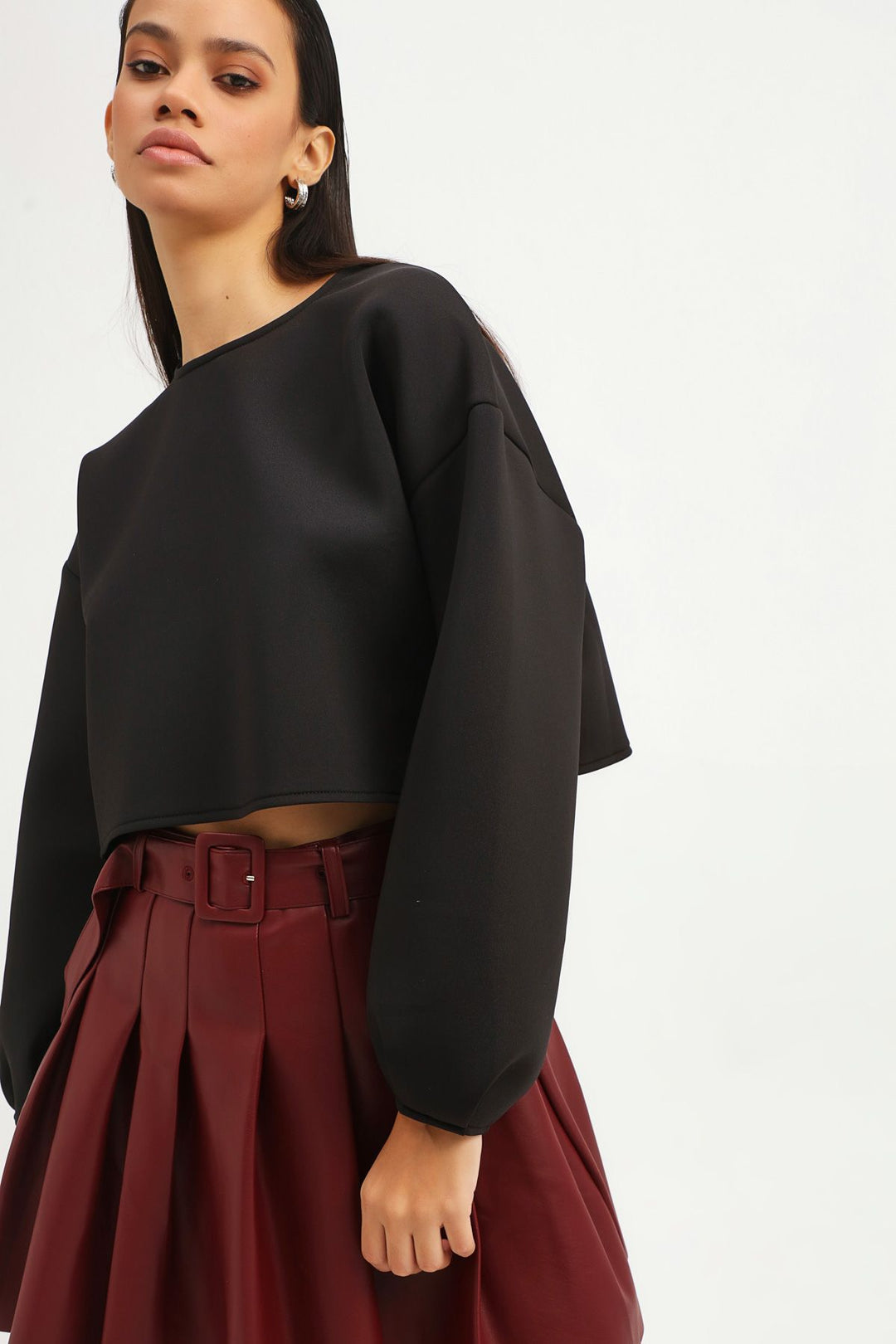 Dalgıç Kumaş Crop Sweatshirt Siyah