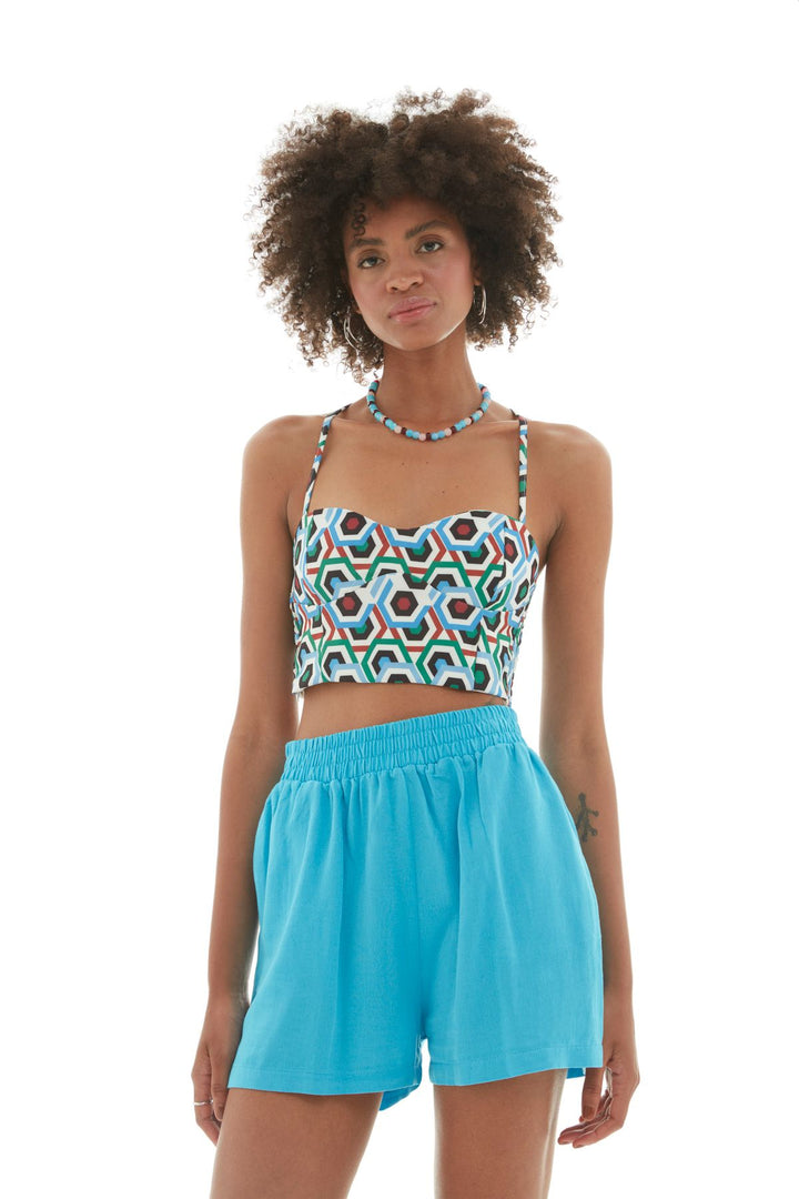 Elastic Waist Linen Shorts Turquoise