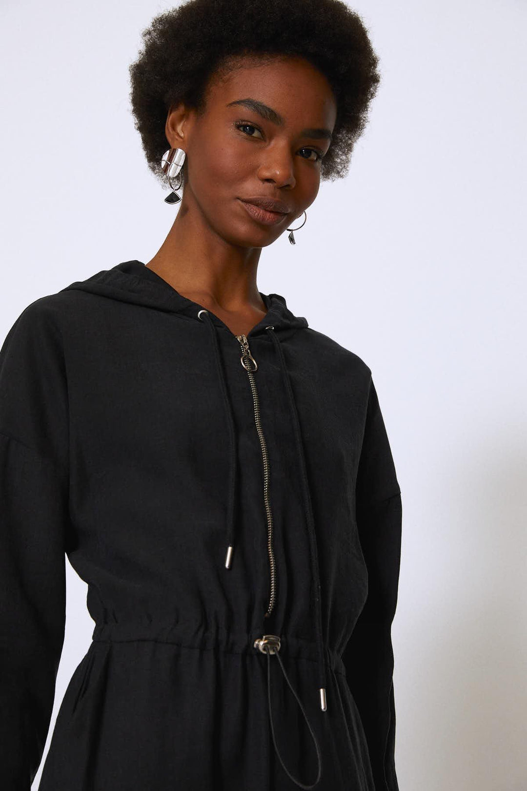 Zipper Front Hooded Jumpsuit Black